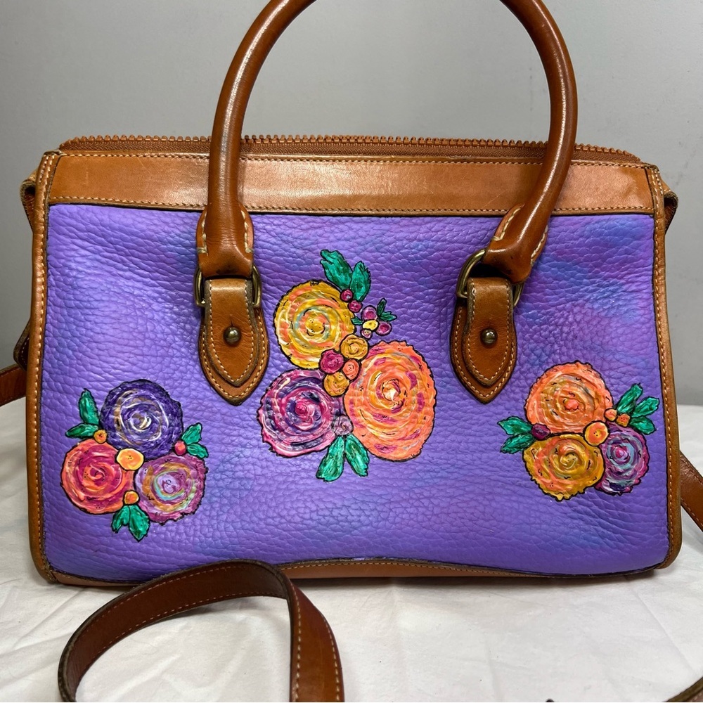 Vintage 90s Dooney & Burke double handle pebbled leather hand painted satchel - Picture 4 of 17